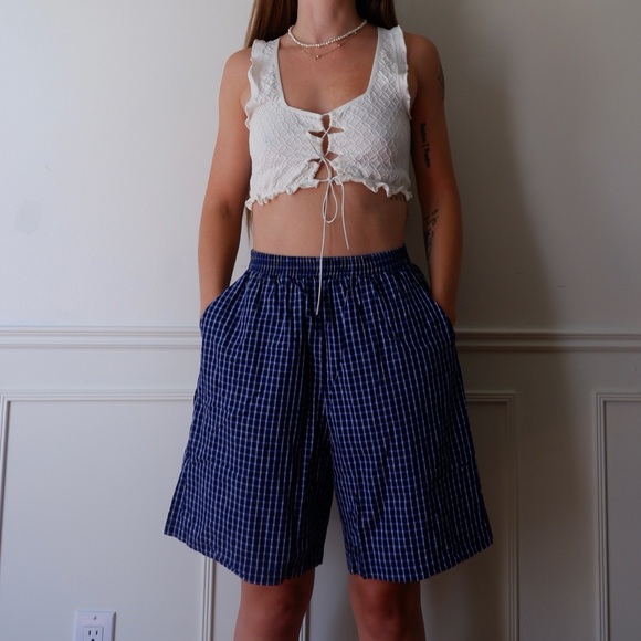 A Bronze Age Pants - A Bronze Age High-Waist Navy Plaid High-Rise Shorts